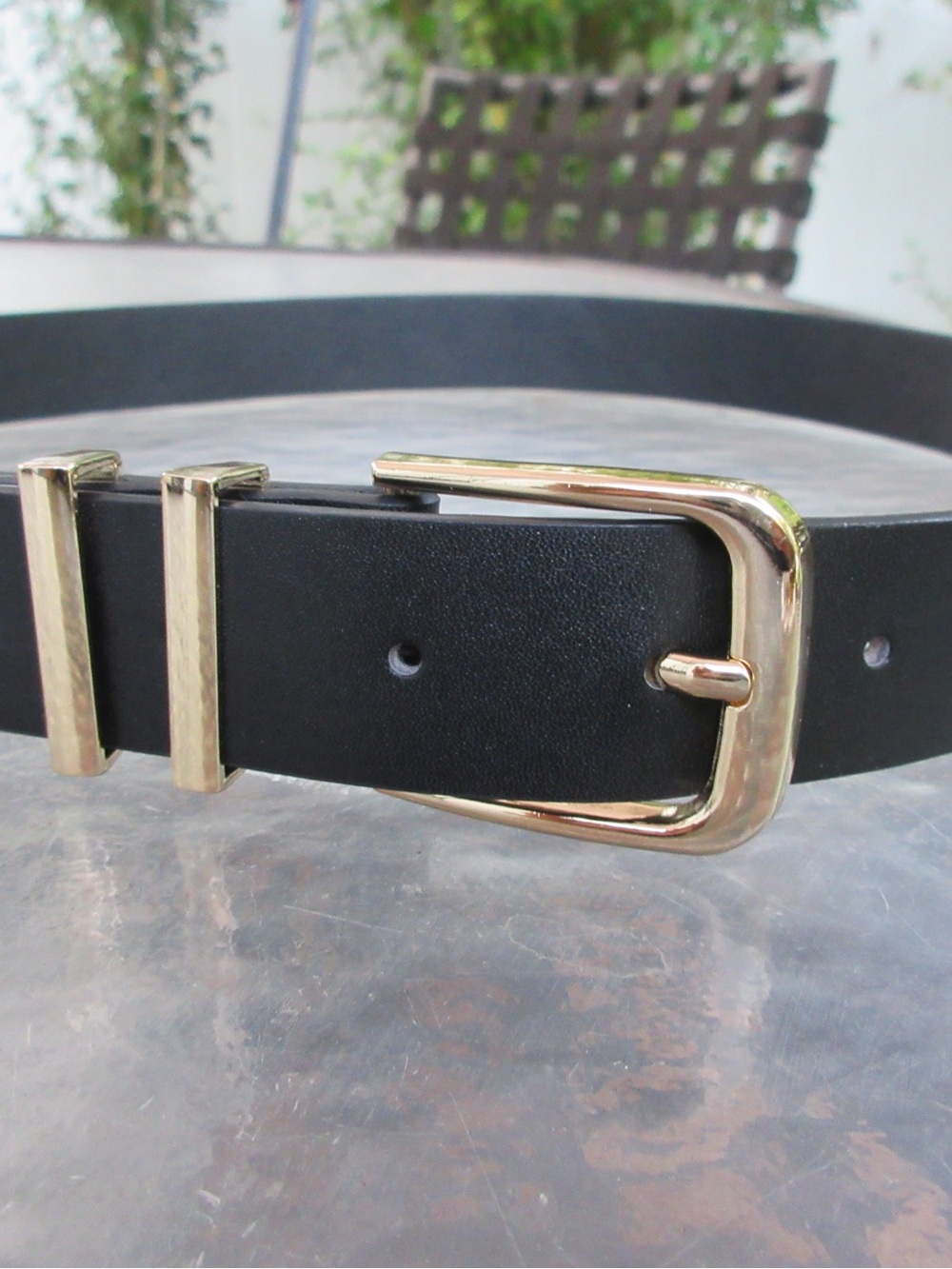 Women's Black Leather Belt with Gold-Tone Buckle